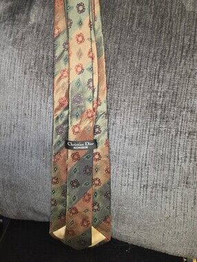 Christian Dior Striped Medallion Silk Tie in Green and Brown